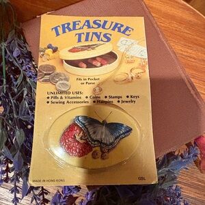 Vintage pill, Vitamins, Stamps  BUTTERFLY TREASURE TIN NEW UNUSED